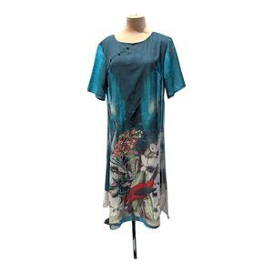 Vicky &Lucas Midi Shift Overlay Dress Size XL Pullover Floral Bird Summer Green